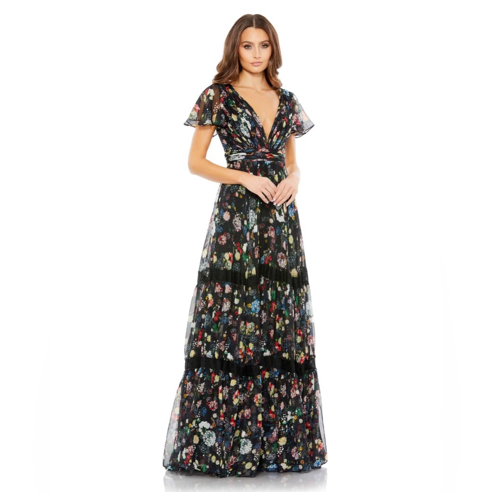 FLORAL PRINT PLEATED WRAP OVER BUTTERFLY SLEEVE MAXI DRESS